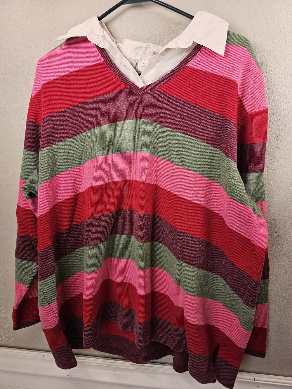 Studio Works V-Neck Striped Tunic in Pink, Red & Green